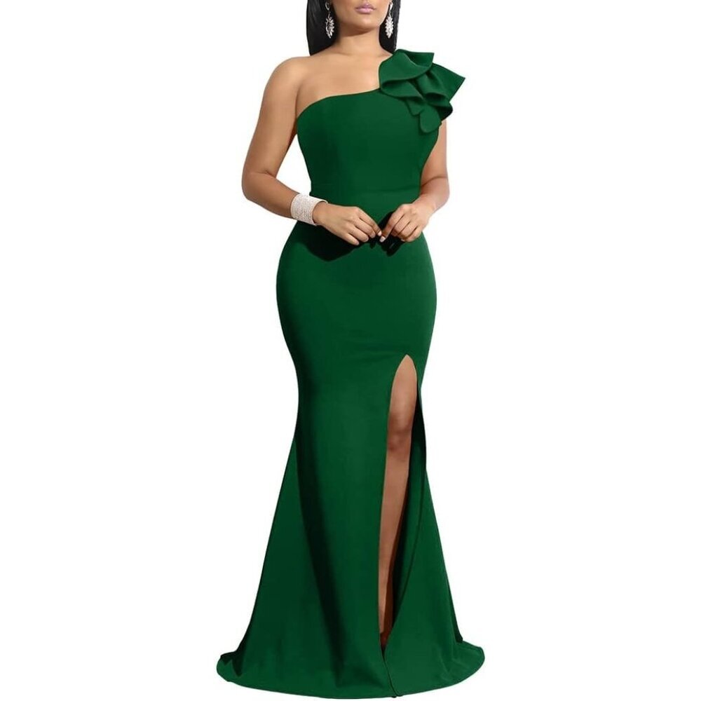 Women's Green Sleeveless One Shoulder Ruffle High Split Long Party Formal Dress